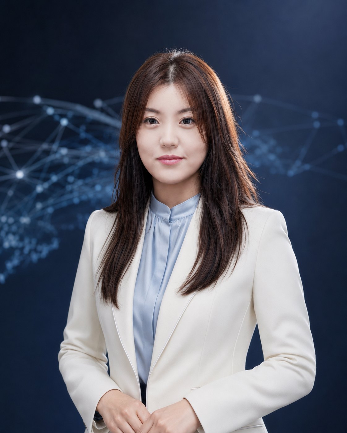 Jessica Hu, Founder and CEO of GBM Health Group, in a white suit against a blue technology network background